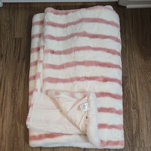 Anthropolgie Luxurious Pink and White Striped Throw Blanket Faux Fur